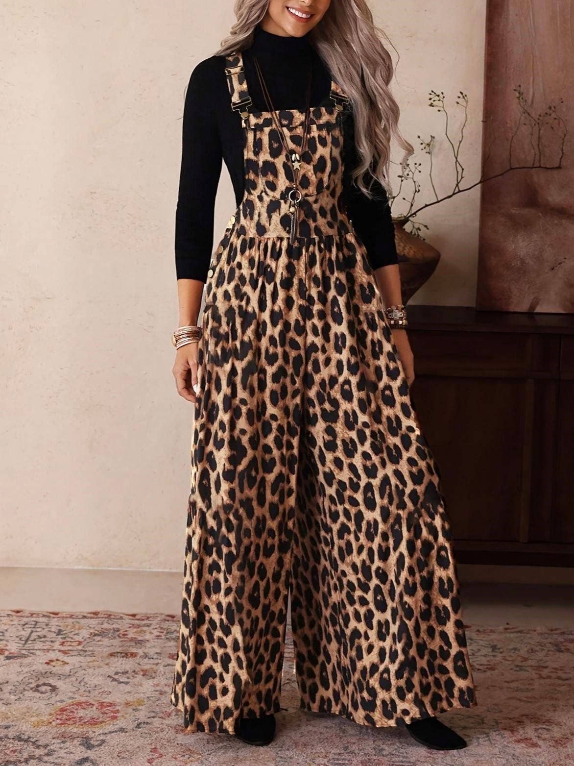 Retro Western Leopard Print Adjustable Strap Jumpsuit