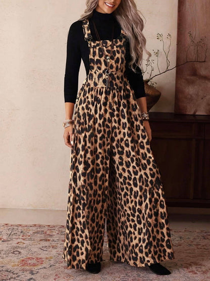 Retro Western Leopard Print Adjustable Strap Jumpsuit