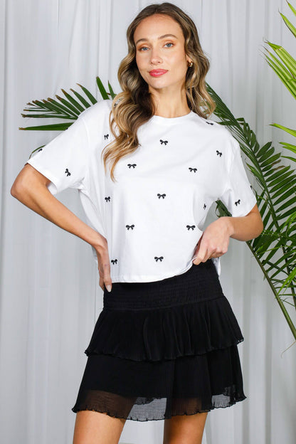 Bow Embroidered 100%Cotton Short-Sleeve Knit Top VT82318