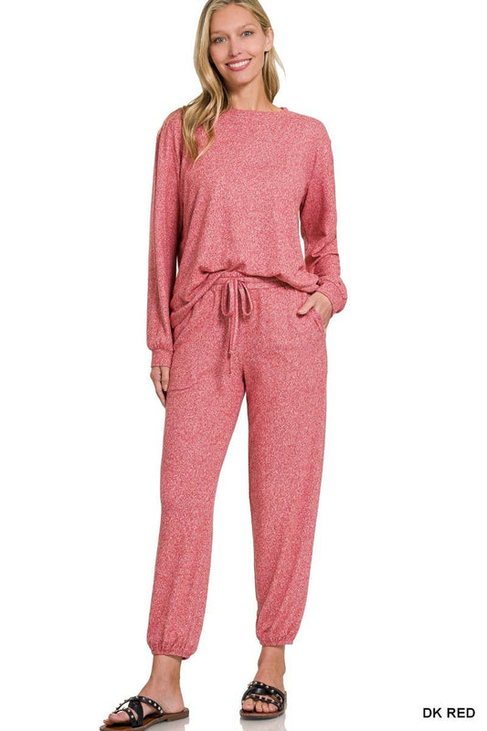Soft Melange Hacci Long Slv Top And Joggers Set