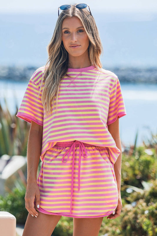 Striped Casual Short Sleeve Top and Skirt Set