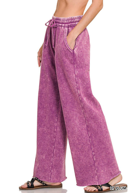 Acid Wash Fleece Palazzo Sweatpants With Pockets