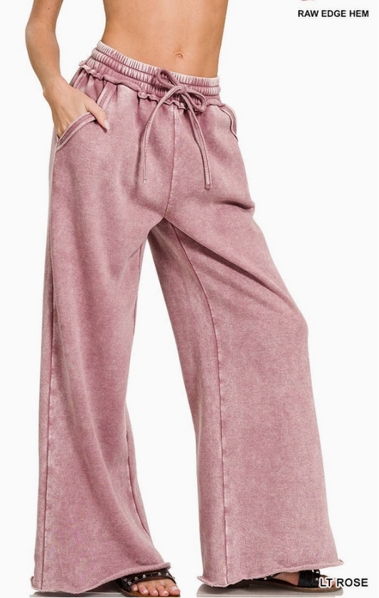 Acid Wash Fleece Palazzo Sweatpants With Pockets