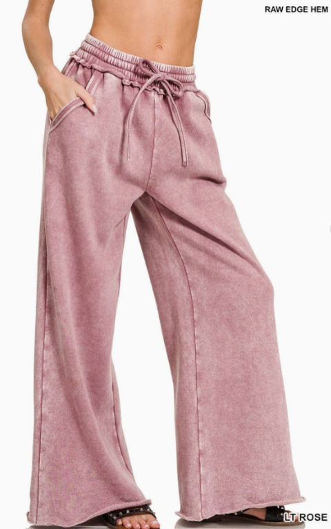 Acid Wash Fleece Palazzo Sweatpants With Pockets